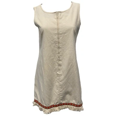 VTG 60s/70s Gilead White Beige Linen Embroidered Fringe Dress Shift Dress Sz M - Image 1 of 4