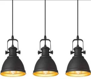 3-Pack Metal Industrial Black & Gold Adjustable Height Hanging Pendant Lights - Picture 1 of 8