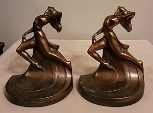 (2) Art Deco Metal Antique Dodge Nude Dancing Lady Statue Sculpture Bookends - Picture 1 of 8