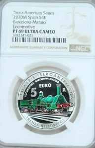 2020 SPAIN SILVER 5 EURO S5E BARCELONA MATARO LOCOMOTIVE NGC PF 69 ULTRA CAMEO - Picture 1 of 4