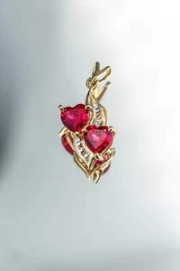 10KT Solid Two Tone Gold Created Ruby with Natural Diamond Double Heart Pendant - Picture 1 of 2