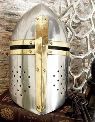 Medieval Knight Crusader Helmet - Metal Great Helm with Brass Cross - LARP - Image 1 of 3