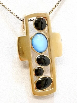 Pierre Lang Kreuz Anhänger rhodium Gold mit milchig blauer Chalcedon & Onyx - Bild 1 von 3