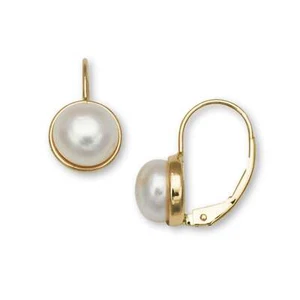 14K Yellow & White Gold White Button Freshwater Cultured Pearl Leverback Earring - Picture 1 of 2