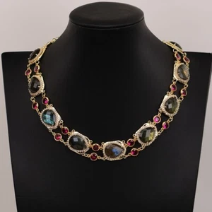 Natural Labradorite Stone Connector Rose Cz Crystal Beads Choker Necklace - Picture 1 of 13