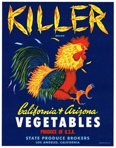 GENUINE CRATE LABEL ROOSTER FIGHTING COCK LOS ANGELES C1950 KILLER TYPOGRAPHY  - Picture 1 of 1