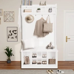 5-in-1 Entryway Furniture Hall Tree with Shoe Bench Shoe Storage and Coat Rack - Picture 1 of 7
