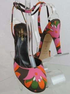 NEW KATE SPADE MULTI FLORAL CANVAS BUCKLE ANKLE STRAP SANDALS PUMPS 7 ITALY - Picture 1 of 12