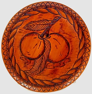Vtg Fruit Etched Carved Wood Sign Plate Round Sealed Brown Black Rope Decor 8" - Picture 1 of 5