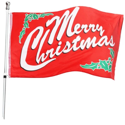 HUGE 5' X 3' RED MERRY CHRISTMAS FLAG HOLLY SANTAS GROTTO HOUSE DECORATION - Image 1 of 4