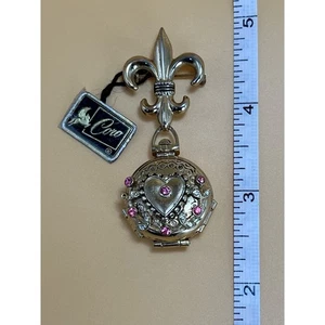 Vintage Coro Fleur De Lis Locket Brooch 1950s Gold With Pink Stones - Picture 1 of 4