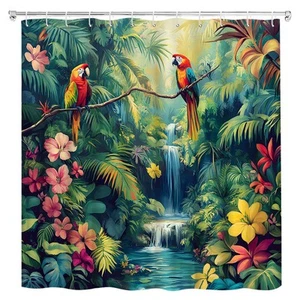 Jungle Parrot Shower Curtain Tropical Bird Forest Waterfall Green Leaves Rain... - Picture 1 of 5