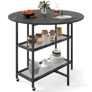 COSTWAY 100cm Round Kitchen Table Modern Dining Table w/Drop Leaf Tabletop-Black - Picture 1 of 10