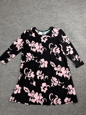 Tori Richard Dress Womens Small Black Pink Hibiscus 3/4 Sleeve A-Line Made USA - Image 1 of 4