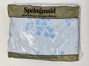 Vintage Springmaid Wondercale Twin Fitted Sheet Blue Floral Percale 39x76 NOS - Picture 1 of 3
