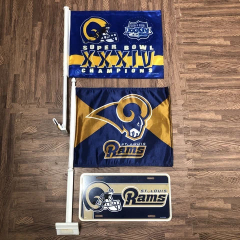 Rare Vintage STL Rams 2000 Superbowl Champions-Lot of 2-Car Flags & license plte Cover