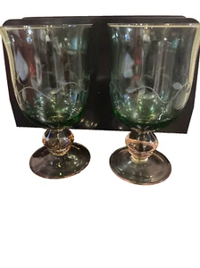 Pfaltzgraff Napoli Iced Glasses~Watermelon Pink Green Stems Goblet~16oz~Set Of 2 - Picture 1 of 6
