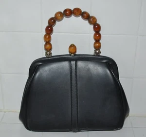 Jaclyn Damen schwarz Kunstleder Handtasche Holzperlen Griff Made in USA - Bild 1 von 8