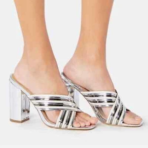 Women Size 6 JustFab Keiana Mirrored Mules Metallic Silver Open Toe Block Heels - Picture 1 of 11