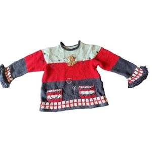 Deux Par Deux Girls Knit Sweater Teddy Bear & Heart Design Red Navy Gray small - Picture 1 of 5