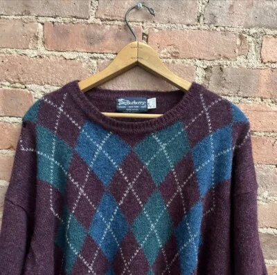 Vintage Burberry’s Men’s Argyle Sweater, Sz XL, Purple 100% Wool Scotland - Изображение 1 из 4