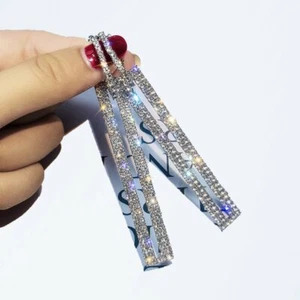 925 Silver Luxury Crystal Geometric Hoop Earrings Womens Jewelry Party Wedding - Picture 1 of 11