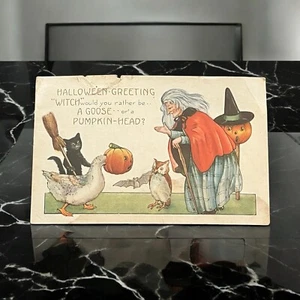 1920 Halloween Saludos Bruja Ganso con Cabeza de Calabaza Gato Negro Murciélago Búho - Imagen 1 de 9
