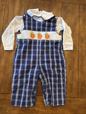 Southern Sunshine Boy's Overalls Outfit Size 18 Months Pumpkins Plaid EUC - Image 1 of 4