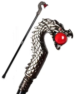Penny Dreadful Goth Steampunk Dragon Head Swaggering Cane Walking Stick Red Orb - Picture 1 of 9