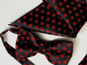 Black and Red Dot Matching Bowtie and Handkerchief Pocket Square Set - Picture 1 of 5