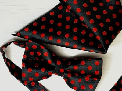 Black and Red Dot Matching Bowtie and Handkerchief Pocket Square Set - Image 1 of 4