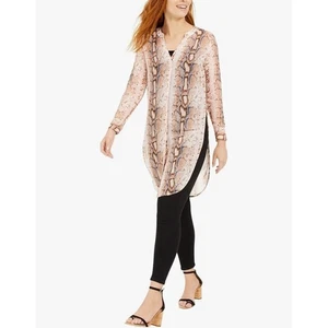 Bar III Snakeskin Tunic Top XS Tan Button Up Long Sleeve Business Casual Flowy - Picture 1 of 9