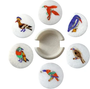 Set 6 Sottobicchieri Colorati in Marmo Bianco Intarsiato Uccellini | Pietra Naturale Fatto a Mano Drin - Foto 1 di 8