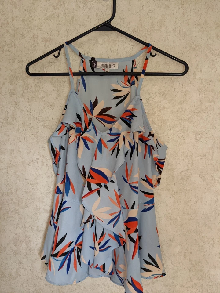Jennifer Lopez Para Mujer Talla SM Azul Floral Volantes Frontal Sin Mangas Estilo Cami Foto 1 de 4