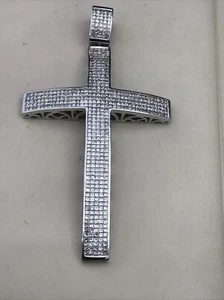 Mens Large Invisible Set Princess Cut Diamond Cross Pendant, 14 Karat White Gold - Picture 1 of 11