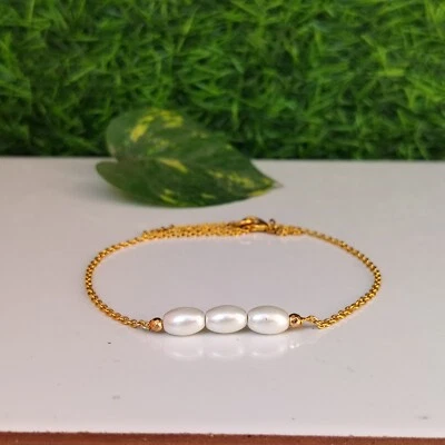 Freshwater Pearl Oval Shape Gold Chain Jewelry Dainty Pear Beads bracelet Gifted - Image 1 of 2