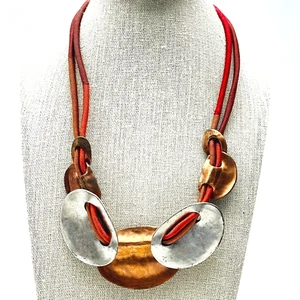 CHICOS Chunky Metallic Disc Necklace Mixed Metal Tones Silver Copper Cords - Picture 1 of 10