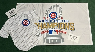 Chicago Cubs 2016 World Series Champions 3' x 5' FLAG Mens Majestic Jersey Sz M - Image 1 of 4