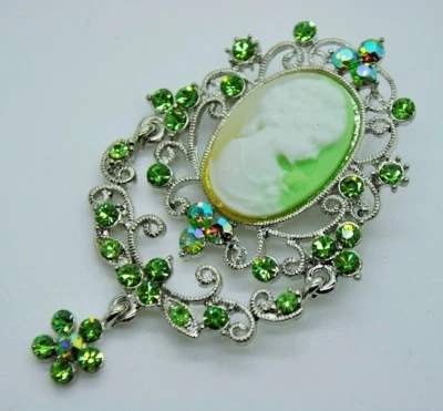 Elegante camafeo victoriano verde estrás cristal moda colgante broche/pin YD39 Foto 1 de 3