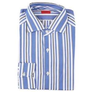 Isaia Slim-Fit 'Mix' Blue Stripe Lightweight Cotton Dress Shirt 15.5 (Eu 39) NWT - Picture 1 of 8