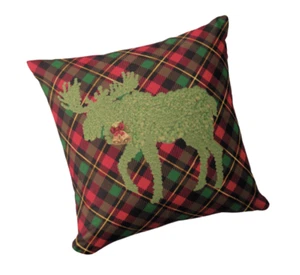 Christmas Moose Topiary Throw Pillow Cover Case Artisan red plaid green - Picture 1 of 1