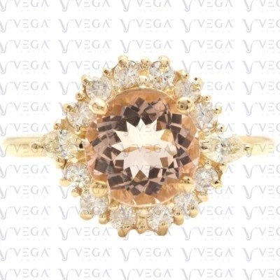 Anel de ouro amarelo sólido 14k real com morganita natural e diamante corte redondo 5,50 ct - Imagem 1 de 4