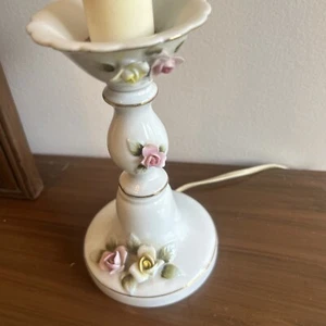 1Vintage Candle Stick TABLE BEDROOM BOUDOIR LAMP Porcelain Ceramic FLOWERS Pair - Picture 1 of 10