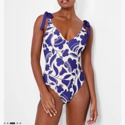 Kate Spade через плечо галстук-бабочка VNeck цельный купальник синий белый цветочный размер S новый с Ярлыками - Изображение 1 из 4