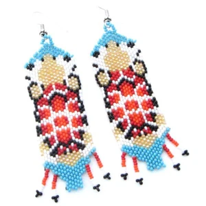 Handmade Beaded Seed Bead Turtle Pattern Earrings in Red Cyan Blue, Lightweight - Picture 1 of 5