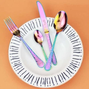 4 Piece Floral Embossed Rainbow Silverware Cutlery Set - Picture 1 of 11
