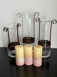Party Lite SUNESTA Hurricane Candle Holders P8937 P8938 P8776 w/ Pillar Candles - Picture 1 of 14