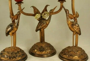 Antique French Boudoir Lamps - Set of 3 - Birds or Cranes - Porcelain Flowers - Picture 1 of 8