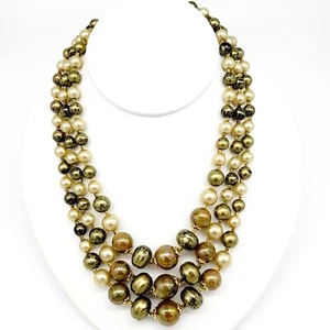 Vtg Triple Strand Beaded Necklace AB Lucite & Faux Pearls Brown Green Hong Kong - Picture 1 of 11