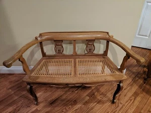 Vintage Solid Padauk Wood Lyre Back Cane Seat Child Settee 48 wide - Picture 1 of 4